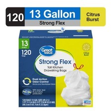 Great Value Strong Flex Tall Kitchen Drawstring Trash Bags, Citrus Burst, 13 Gal