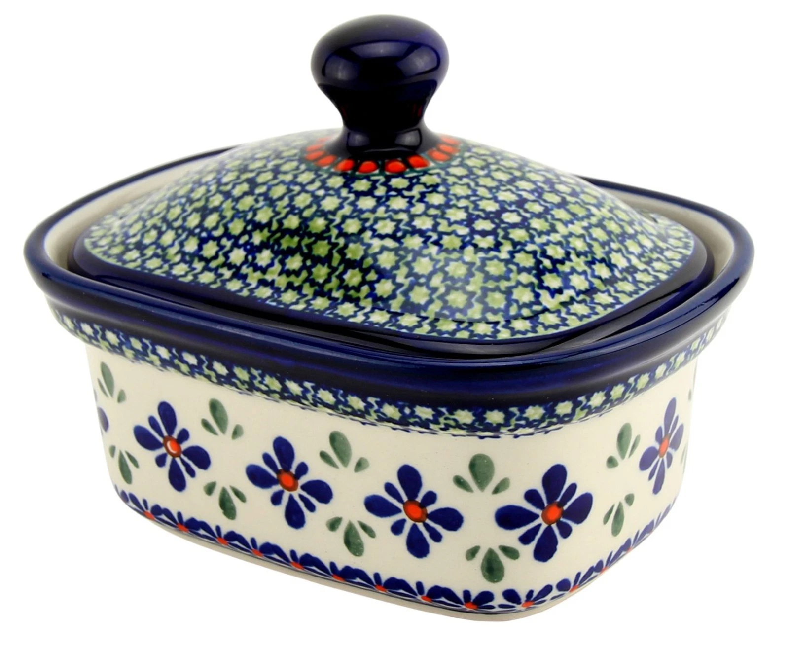 Polish Pottery Butter Dish / Container with Lid, 5.75" L x 4" W x 4" H, 14 Oz.