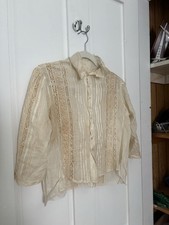 Antique Edwardian Lace 100 Cotton Button-Front Collared 3/4 Sleeve Blouse XS/S