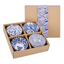 4 Japanese Ceramic Rice Bowls Gift Box Blue White Underglazed