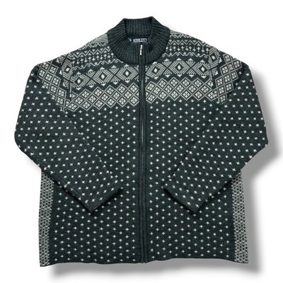 Lands End Damen Pullover mit durchgehendem Reißverschluss und Stehkragen Größe XL grün creme Fair Isle Strick