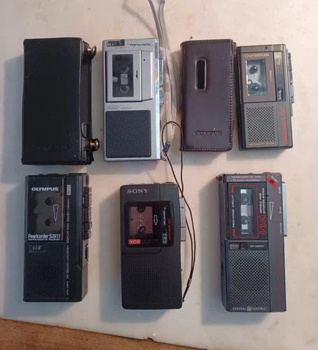 Lot 5 Vintage Microcassette Recorders Sony Olympus Realistic GE PARTS or REPAIR