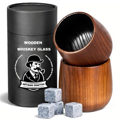 2 Pack Charred Wooden Whiskey Glasses   Bourbon Tumblers for Men with Burnt I...