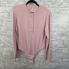 Halara Pink Ribbed Henley Bodysuit Long Sleeve Women's Size XL