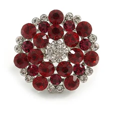 Red/ Clear Diamante Cocktail Ring in Silver Tone - Size 7/8 Adjustable