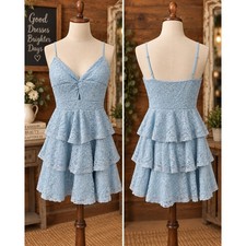 Windsor Light Blue Lace Tiered Ruffle Mini Cocktail Dress Sleeveless Size S