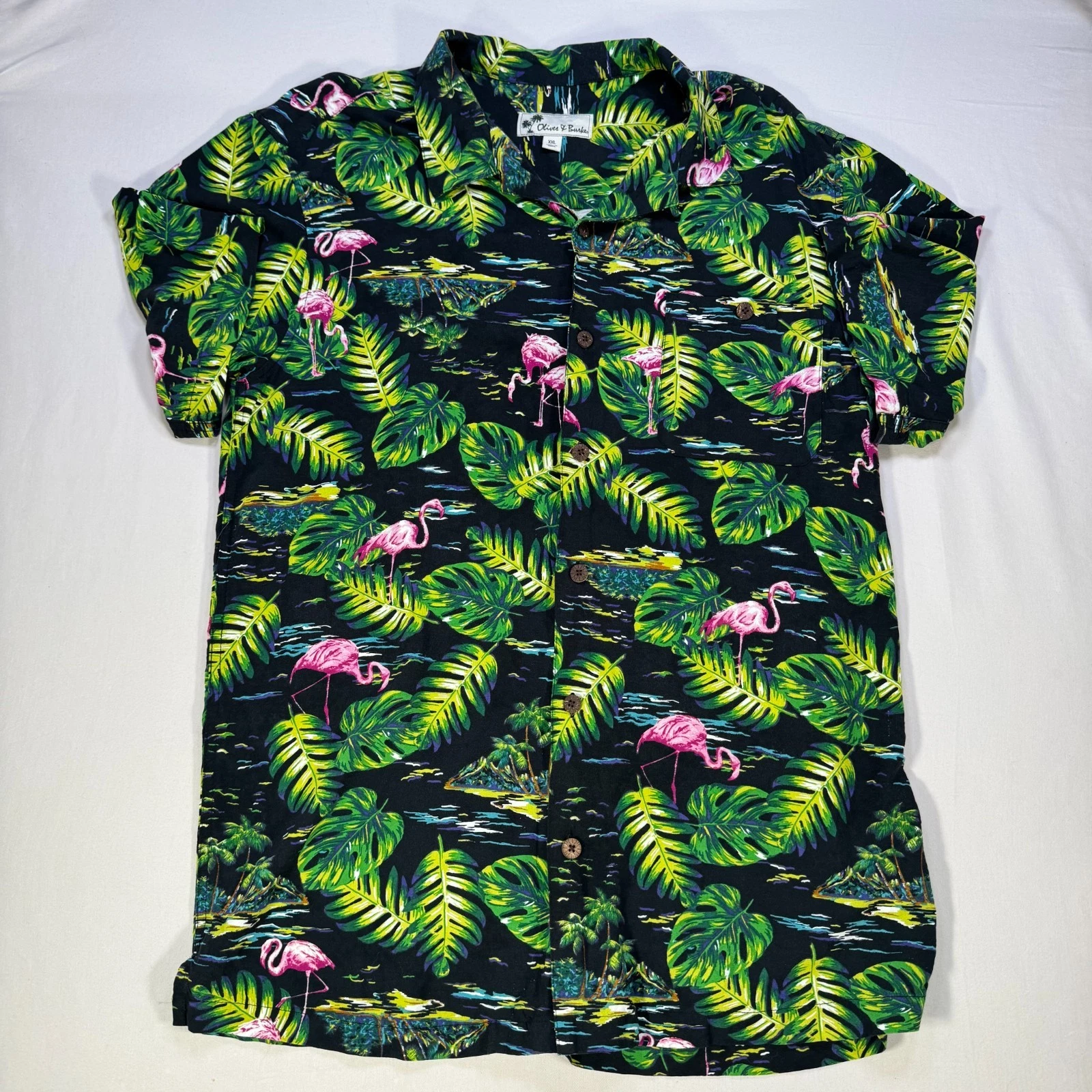 Oliver & Burke Men’s Hawaiian Shirt XXL Tropical Flamingo Palm Leaf Print Button
