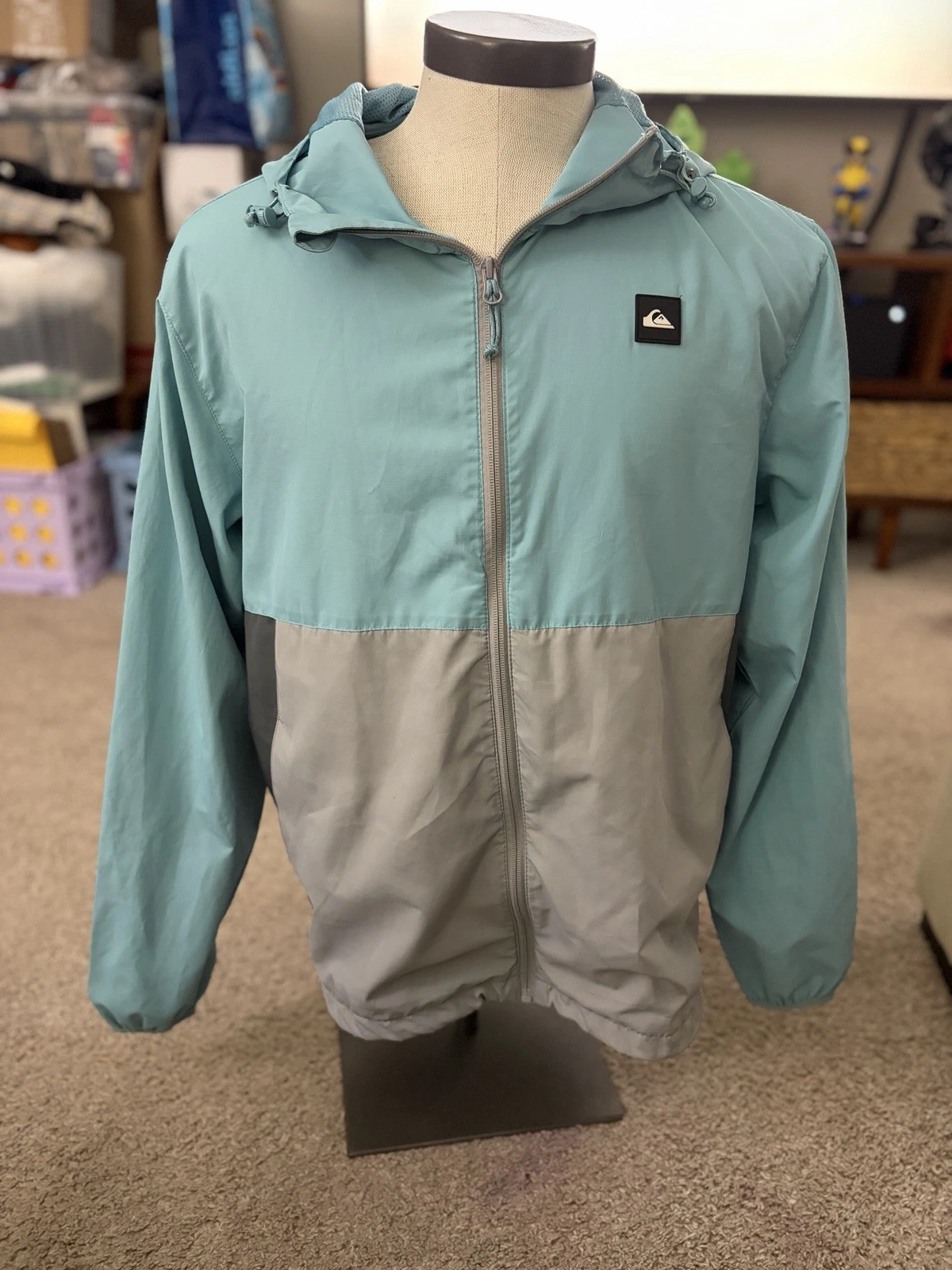 Quiksilver Colorblock Hooded Windbreaker Jacket Blue Gray L Lightweight