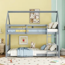 FUNIDEE Twin Over Twin House Floor Bunk Bed with Headboards Bunk Bed Frame Gray