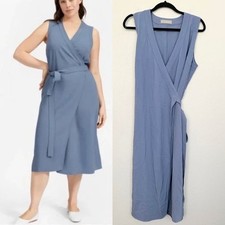 Everlane Japanese GoWeave Sleeveless Wrap Midi Dress Dusty Blue V-Neck Women 10
