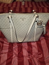 Michael Kors Monogram Tote Bag Beige/White Zip Gold Hardware Tassel Charm