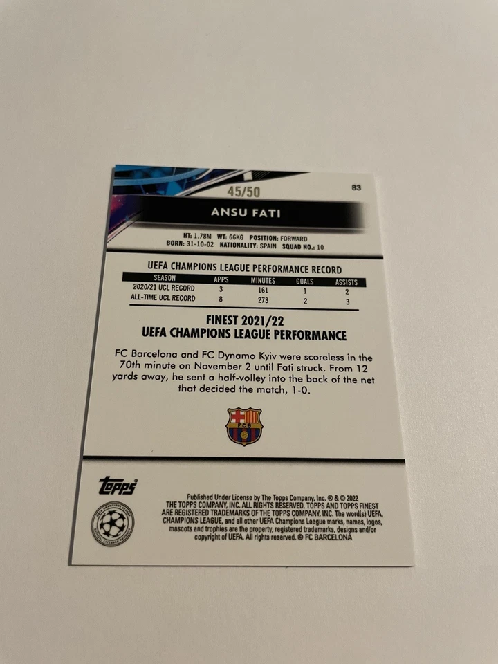 ANSU FATI GOLD SPARKLE REFRACTOR #'d 04/50 2022 TOPPS FINEST Soccer - Image 2 of 2