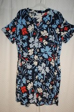 Womens S/S Shirt Dress NAVY BLUE w/ BOLD FLOWER PRINT Above Knee TIE BELT Size L