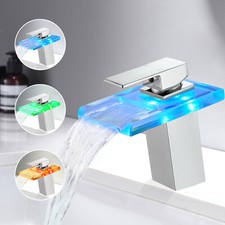 LED Bathroom Sink Faucet Waterfall Single Hole Handle Vanity Faucets Silver