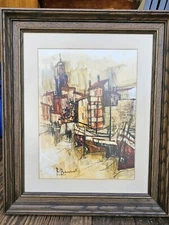Vintage Mid Century Modern Abstract Painting Italian Spanish Shipyard By Bimmil 