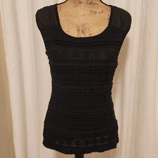 AB Studio Women's M Black Sleeveless Sheer & Knit Ruffled Top