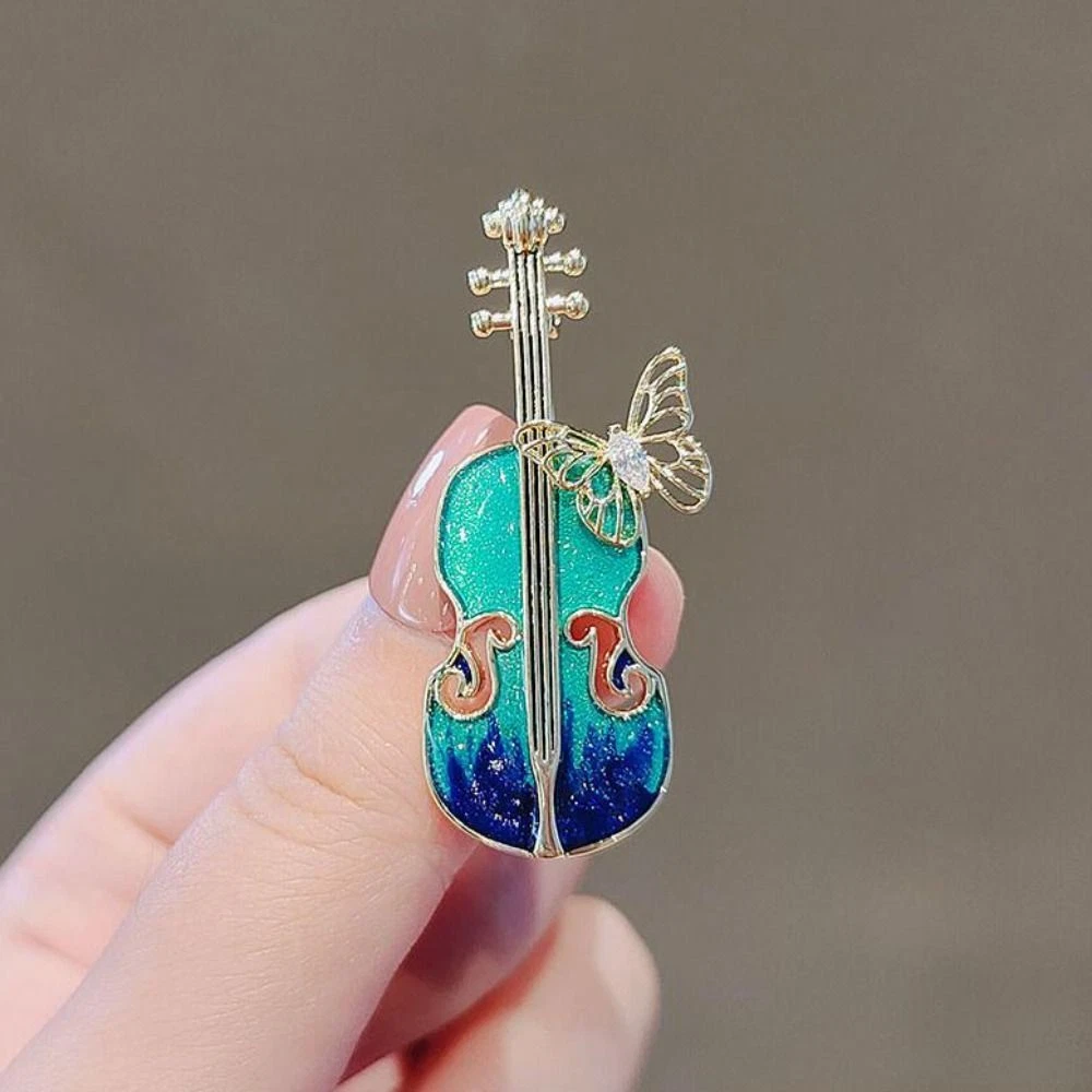 Music Equipment Pin Enameled Butterfly Violin Brooch Rhinestone