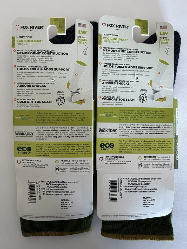 Fox River Hike/Trek Unisex M Ligero Crew Calcetín Mezcla Lana Merino 2508 2 Pares Foto 2 de 2