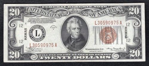 FR. 2305 1934-A $20 “HAWAII” FRN FEDERAL RESERVE NOTE ABOUT UNCIRCULATED