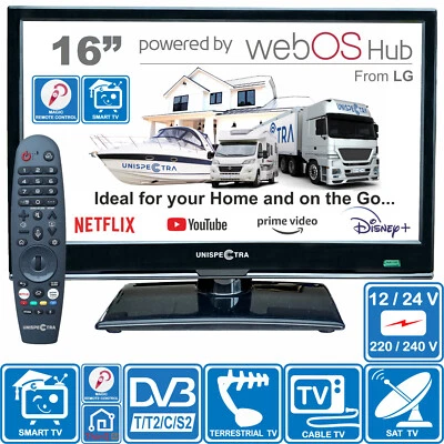 Unispectra® 16" Smart TV (webOS), Magic Remote 12V TV per camper, camion, barca