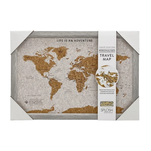 Splosh Grey Travel World Map Cork Board With Pins - Novelty Christmas Gift Idea