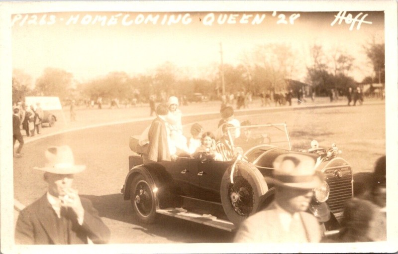 Vintage RPPC postcard 1928 Homecoming Queen Riding in Old Car