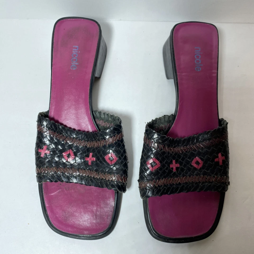 Womens Black Low Block Heel Slide Sandals Size 9.5  Pink Accents Square Toe - Image 3 of 4