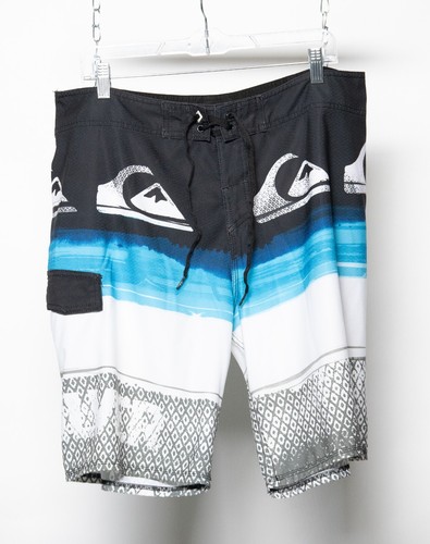 Quiksilver Board Shorts Size 38 Swim Trunks Black Blue White Logo Print 21” Y2K