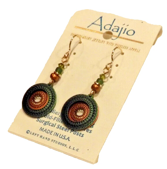 Adajio 2 Part Olive and Copper Etched Disc Fashion Earrings 7371 Beads Jewelry - Image 4 of 4