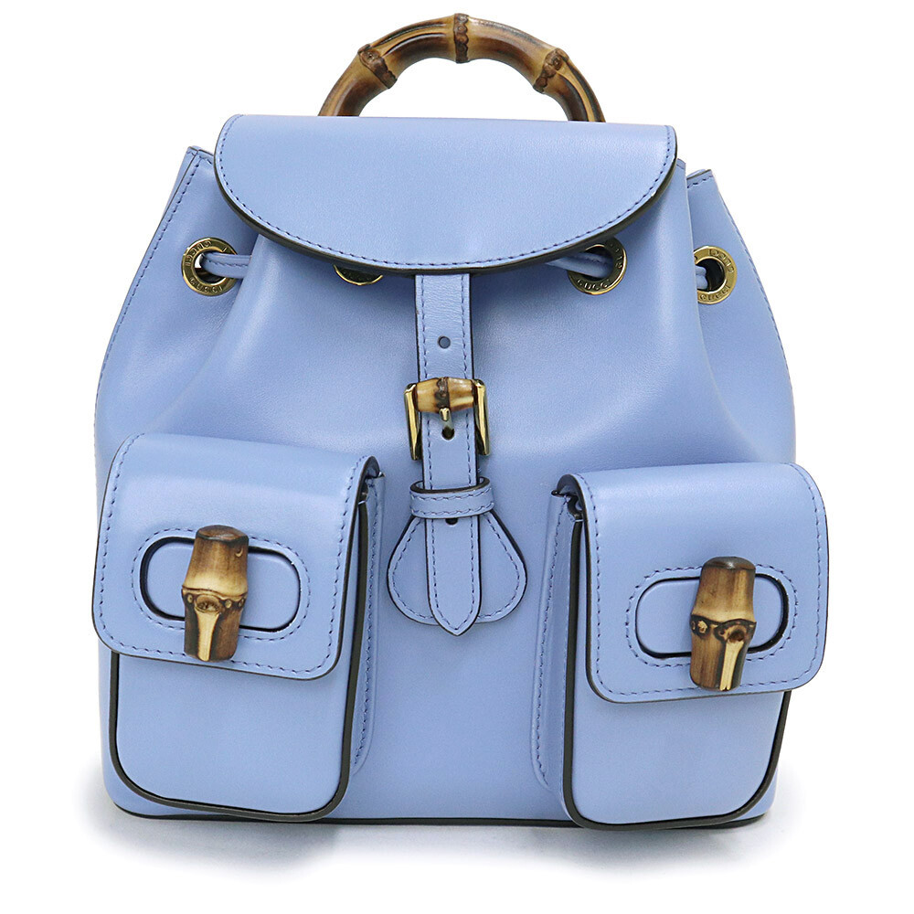 ●Gucci Bamboo Backpack Daypack Smooth Leather Light Blue Gold Metal Fittings