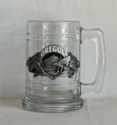RARE Oregon Glass Beer Mug with Metal-like Medallion