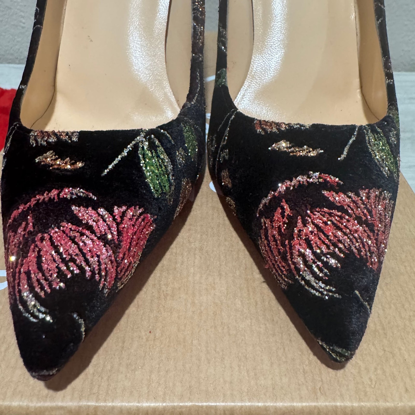 Christian Louboutin Pigalle Follies 100 Black Velvet Red Glitter Heel Pump image 4