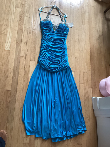 NWT blue sequin gown Night Moves Prom collection 14  new $399. Halter
