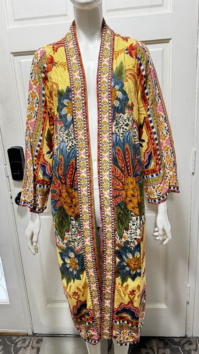 Farm Rio Viscose Vibrant Tropical Floral Yellow Maxi Duster Kimono Sz S