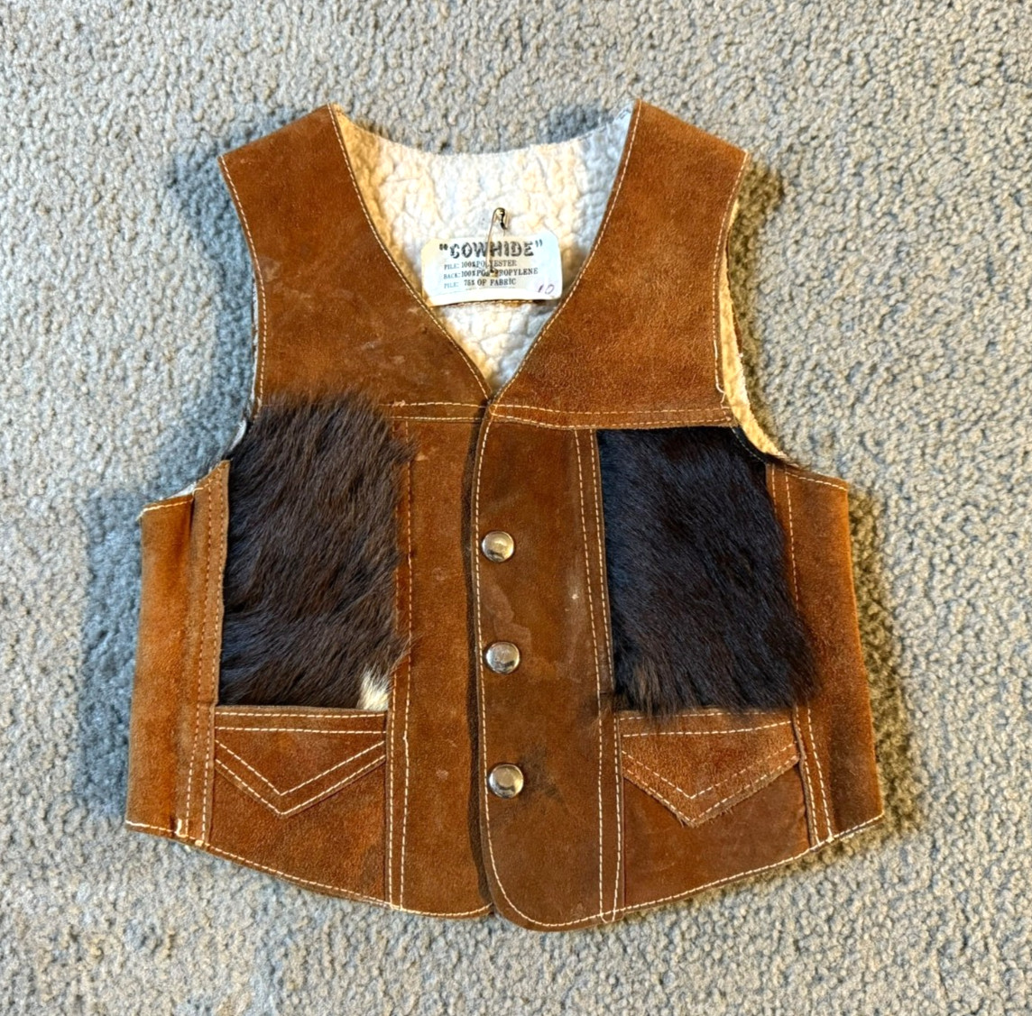 VTG Cowhide Leather Pony Hair Sherpa Lined Snap Front Toddler Western Vest - 4T