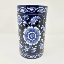 Pier 1 One Mandarin Cobalt Blue & White Floral Utensil Holder / Flower Vase 8"