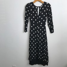 REFORMATION WOMENS DRESS 0 Black Polka Dot Long Sleeve V Neck Midi Casual