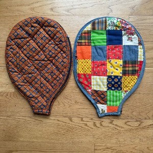2 VTG Quilted Handmade Tennis Racket Cover Case Quilted Retro Zipper Patchwork