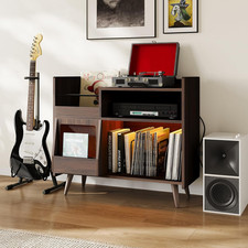 Large Record Player Stand with LED Light  Charging Station - Brown