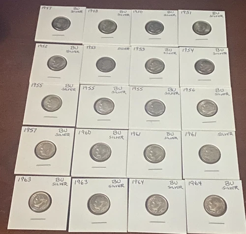LOT OF 20 PRE-1964 ROOSEVELT 90% SILVER DIMES MOST BU