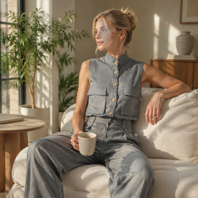 Damen ärmellos Weste weites Bein Hose Set, Freizeit einfarbig zweiteiliges Outfit