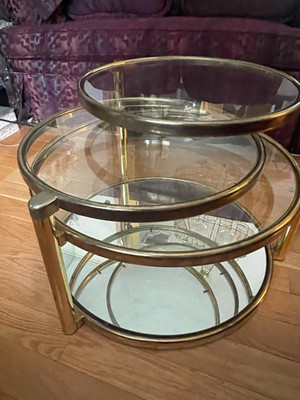 Round Glass Coffee Table, Gold-Tone Metal Frame, 2-Tier Mirrored Shelf