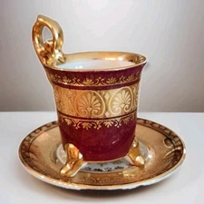 KPM Arnart Miniature Demitasse  Cup Saucer Burgundy Gold White Hand Painted Vtg
