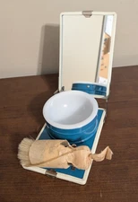 Vintage 40's Foldable Shaving Kit Cup, Brush, Mirror Blue w/ Horse Head New