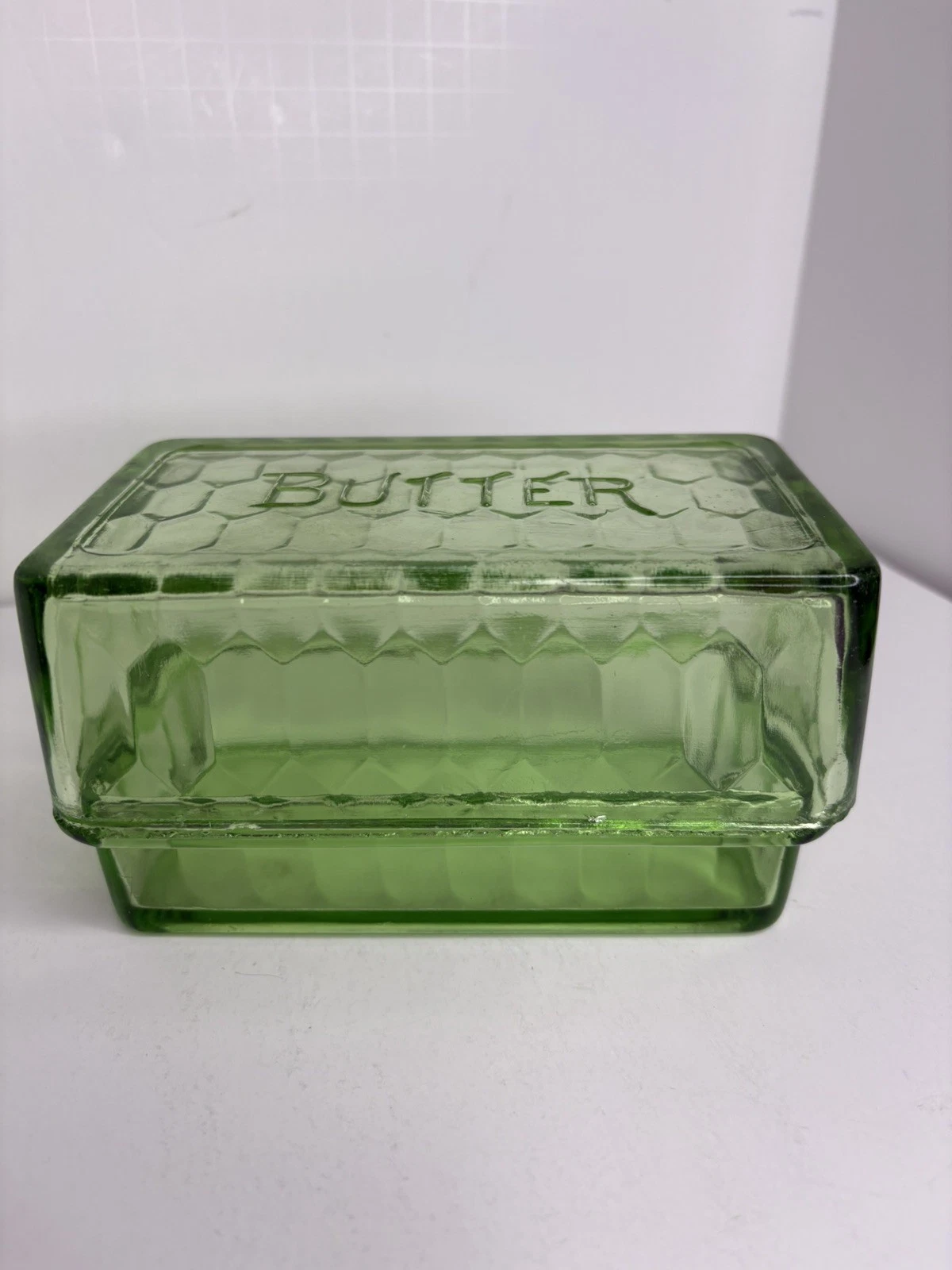 Green Depression Uranium Glass Covered Butter Dish Vintage