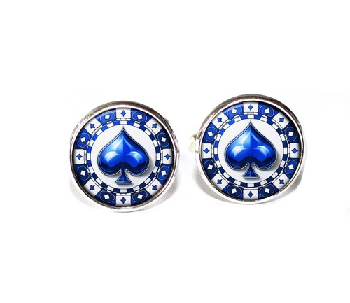 Poker Chip Spade Card Casino Gambling - Handmade Round Glass Cufflinks for Him
