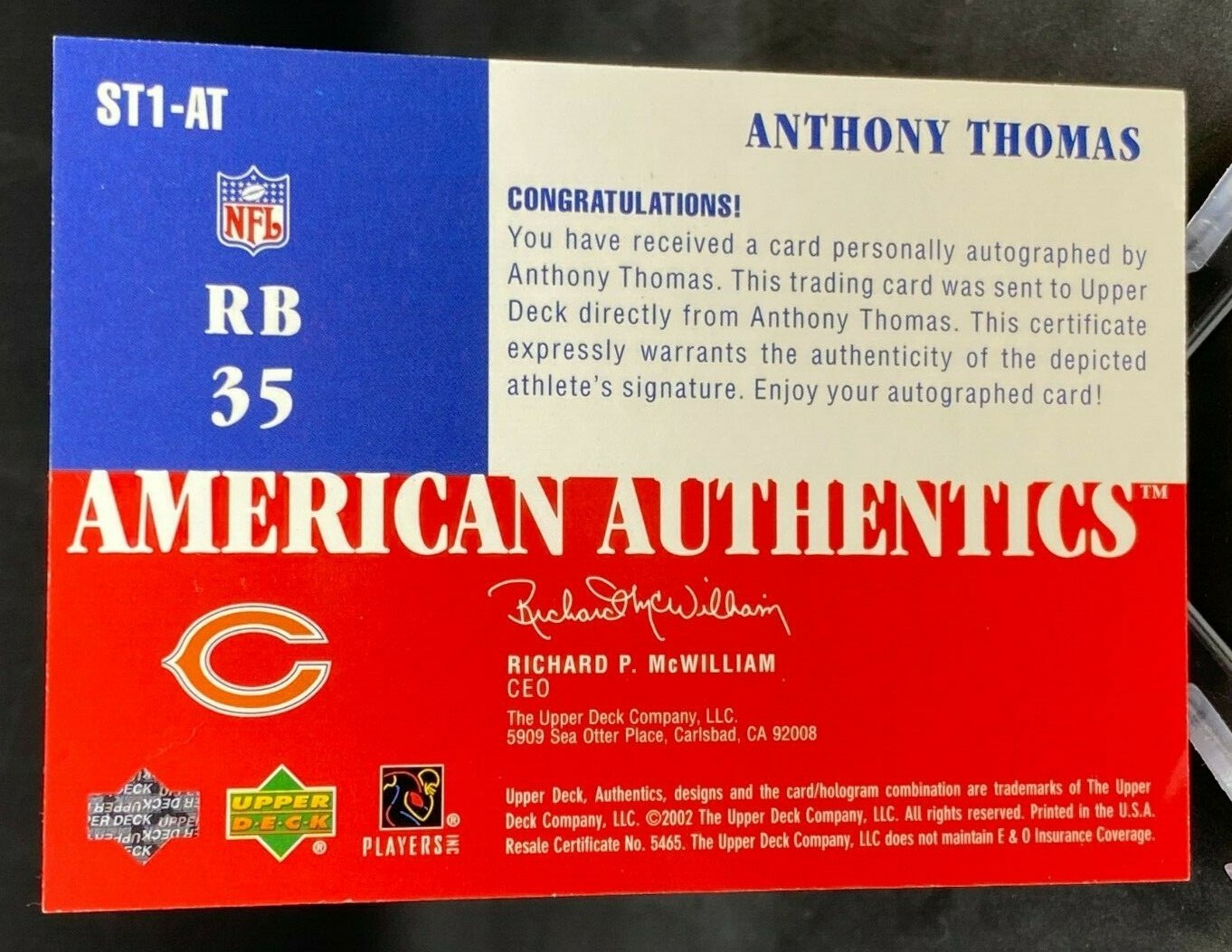 ANTHONY THOMAS 2002 UPPER DECK AMERICAN AUTHETICS AUTOGRAPH CHICAGO ...