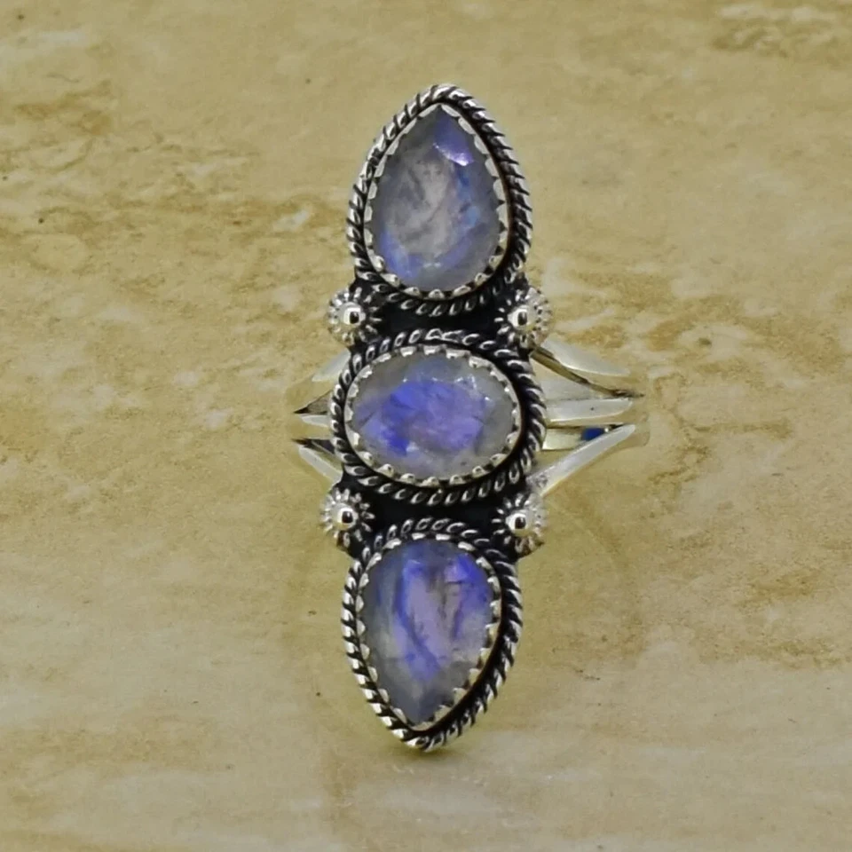 Anillo Arco Iris Piedra Lunar Triple Piedra Anillo Plata Esterlina 925 Anillo Promesa Regalo Foto 3 de 4