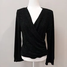 NWT Cold Water Creek Black Glitter Surplice Faux Wrap Long Sleeve Top Size M
