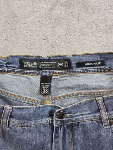Jeans Ecko Unltd uomo 38x30 blu vintage larghi JNCO gamba larga toppe ricamate - Foto 15 di 16